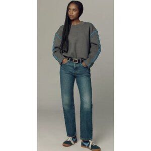 English Factory Women's Sz S Whip Contrast Stitch Gray Blue Pullover Sweater